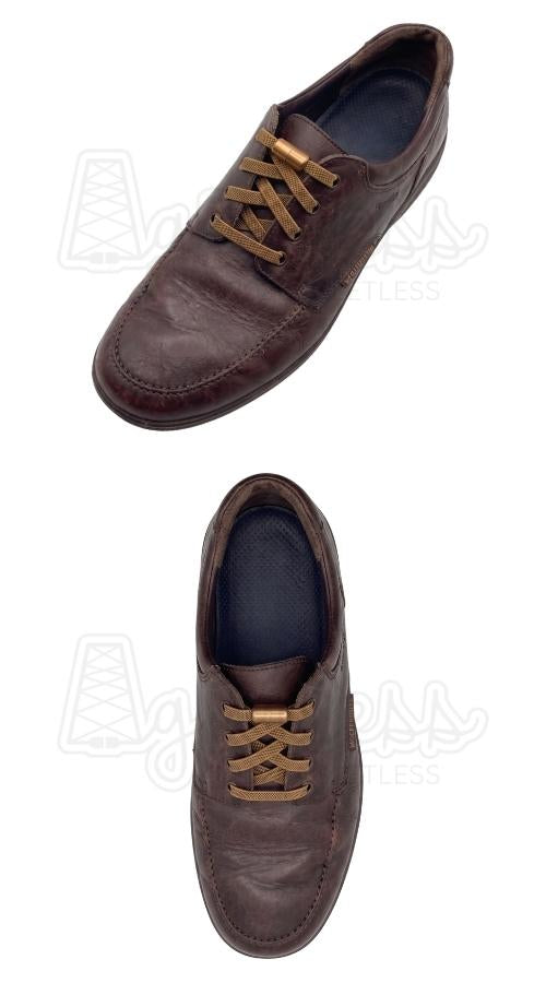 Donkerbruine nette schoenen met cognac elastische veters, plat 6mm capsule