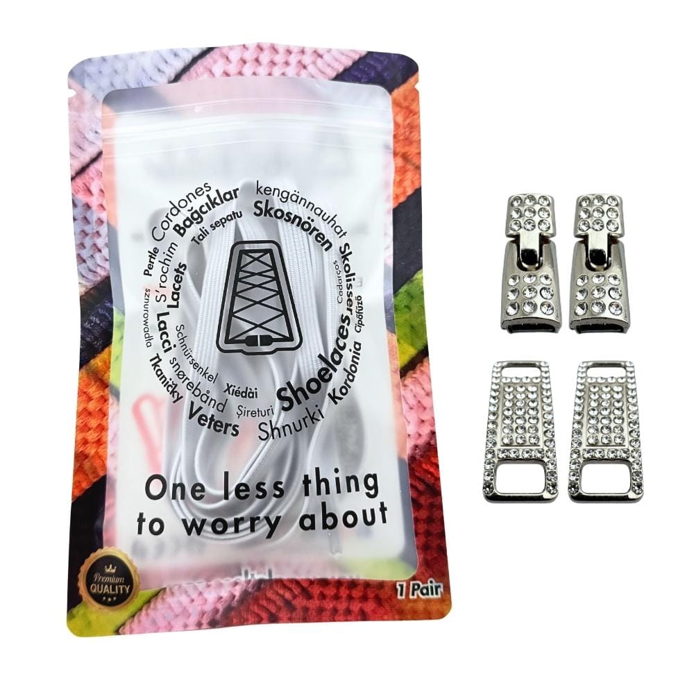 Elastische veters zonder strikken bling bling 6mm haak zilveren sluiting wit in luxe verpakking