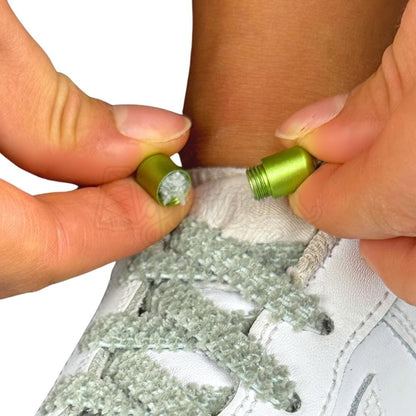 Elastische veters zonder strikken fluffy 7mm capsule sluiting jade detailfoto van hoe de sluiting werkt