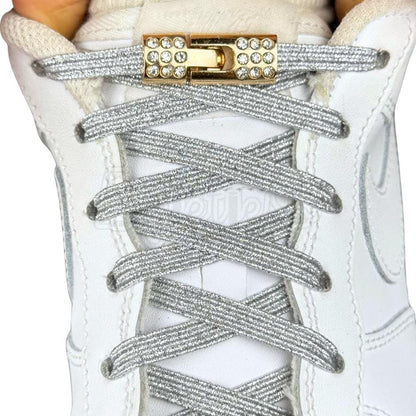 Elastische veters zonder strikken bling bling 6mm haak sluiting zilver met stretch uitgerekt