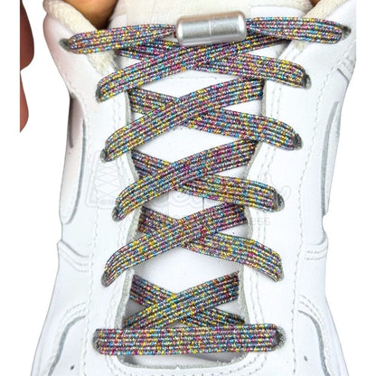 Elastische veters zonder strikken glitter 6mm capsule sluiting regenboog met stretch uitgerekt
