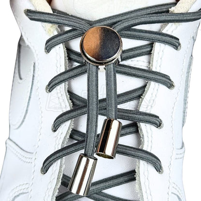 Elastische veters zonder strikken ovaal 4mm luxe lock donkergrijs met stretch uitgerekt