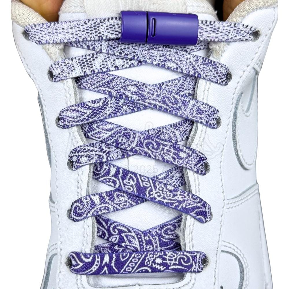 Elastische veters zonder strikken paisley 9mm magnetische sluiting paars wit met stretch uitgerekt