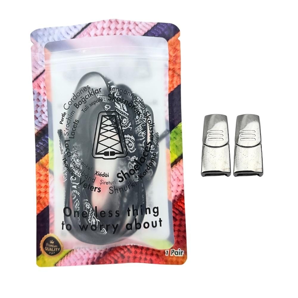 Elastische veters zonder strikken paisley 9mm magnetische sluiting zwart zilver in luxe verpakking