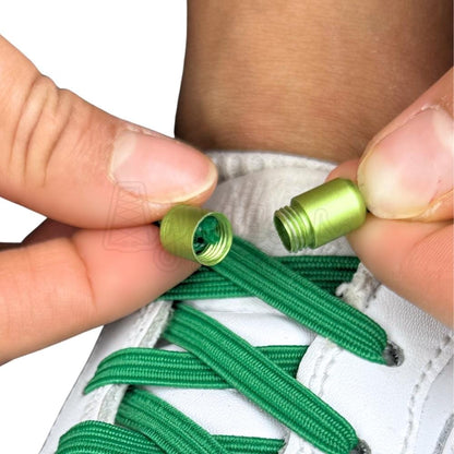 Elastische veters zonder strikken plat 7mm capsule sluiting groen detailfoto van hoe de sluiting werkt