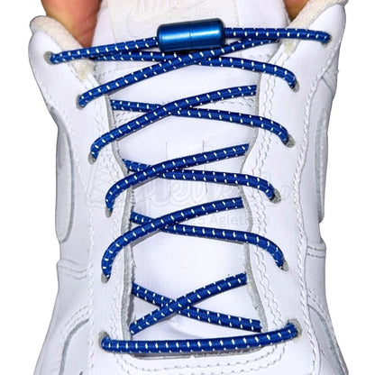 Elastische veters zonder strikken reflecterend 3mm capsule sluiting blauw met stretch uitgerekt