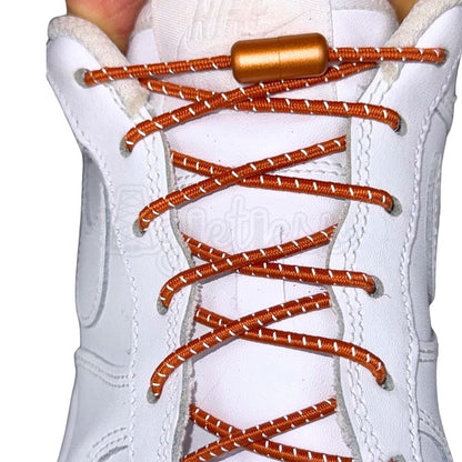 Elastische veters zonder strikken reflecterend 3mm capsule sluiting bronze met stretch uitgerekt