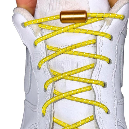 Elastische veters zonder strikken reflecterend 3mm capsule sluiting geel met stretch uitgerekt
