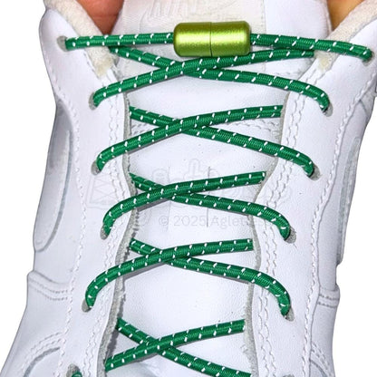 Elastische veters zonder strikken reflecterend 3mm capsule sluiting groen met stretch uitgerekt
