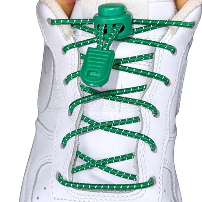 Elastische veters zonder strikken reflecterend 3mm lock sluiting groen met stretch uitgerekt