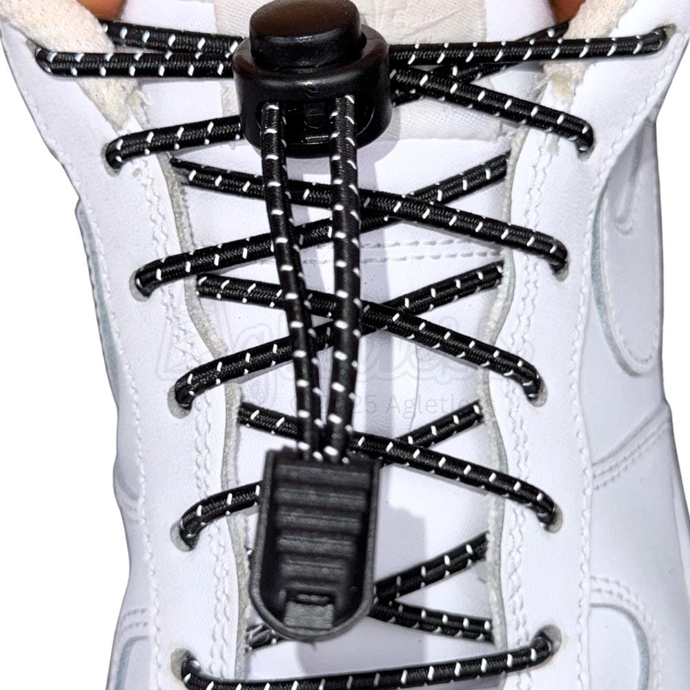 Elastische veters zonder strikken reflecterend 3mm lock sluiting zwart met stretch uitgerekt