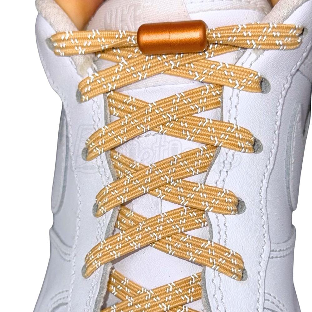 Elastische veters zonder strikken reflecterend 7mm capsule sluiting khaki met stretch uitgerekt