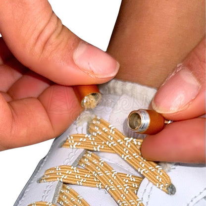 Elastische veters zonder strikken reflecterend 7mm capsule sluiting khaki detailfoto van hoe de sluiting werkt