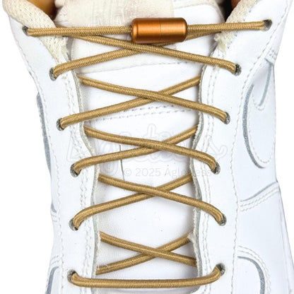 Elastische veters zonder strikken rond 3mm capsule sluiting khaki met stretch uitgerekt