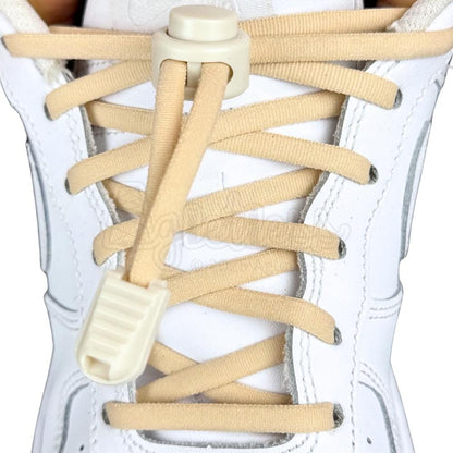 Elastische veters zonder strikken rond 5mm lock sluiting khaki met stretch uitgerekt